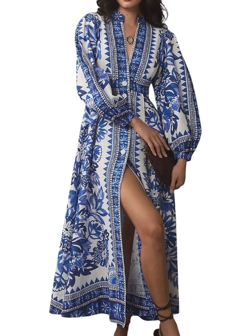 FARM Rio Blue and White Floral Tapestry Maxi Dress XS